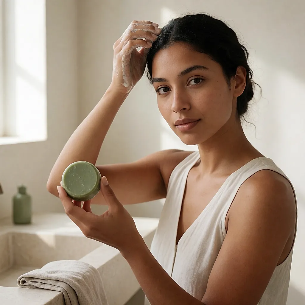 Une jeune femme fait mousser un shampooing solide à l'argile sur cheveux mouillés