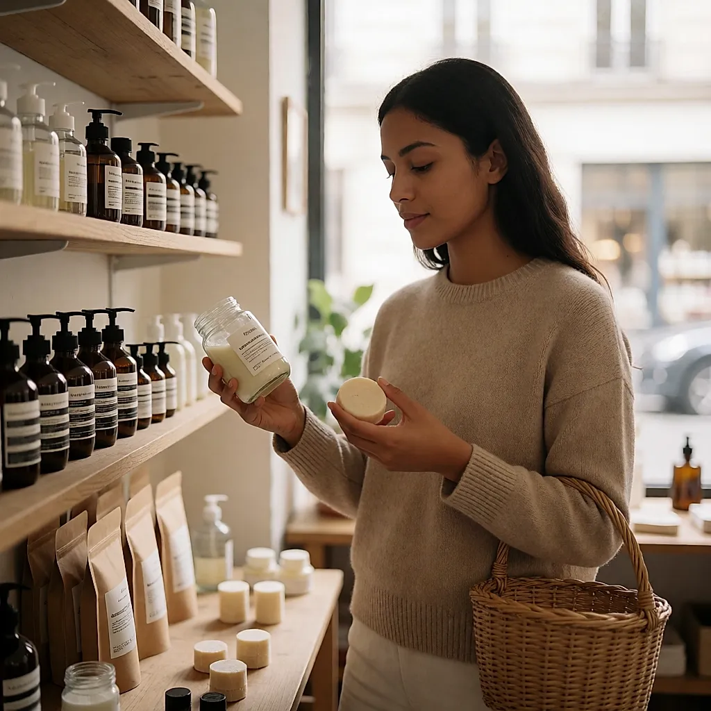 Une cliente compare une recharge en verre et un shampooing solide dans un magasin bio