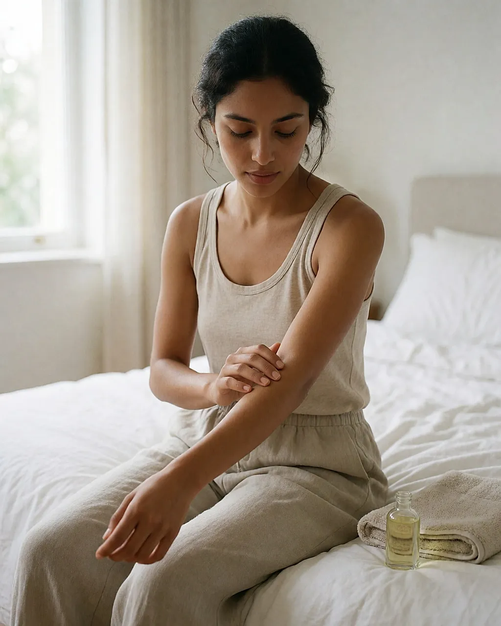 A young woman massaging her forearm with a diluted carrier oil, sitting on a bright bed