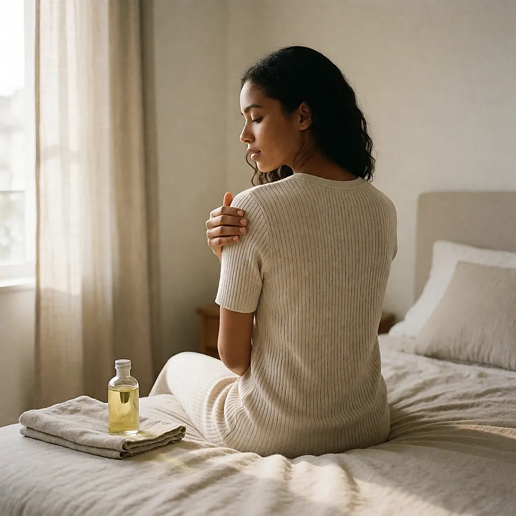 Jovem mulher a massajar o antebraço com um óleo vegetal diluído, sentada numa cama luminosa