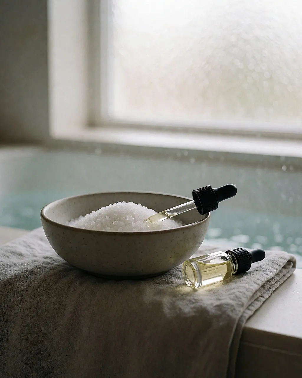 A bowl of bath salts on the edge of a bathtub, with a bottle of essential oil and a dropper beside it