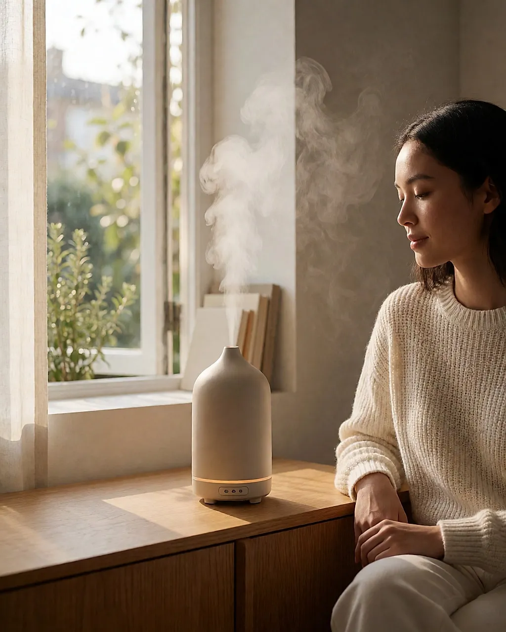 An ultrasonic diffuser releasing a fine mist on an oak sideboard near a window