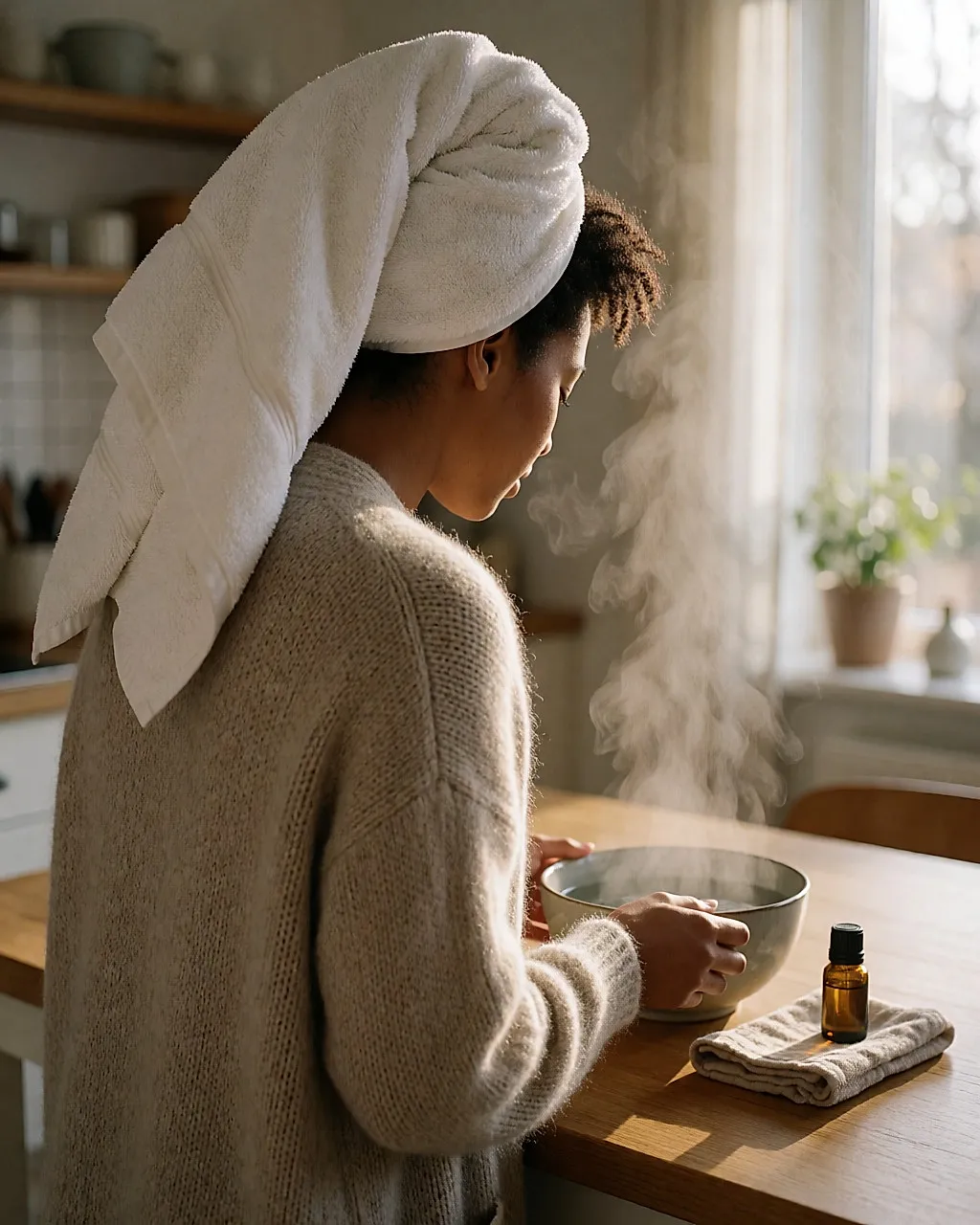 A woman seen from behind, a towel over her head, leaning over a steaming bowl of hot water