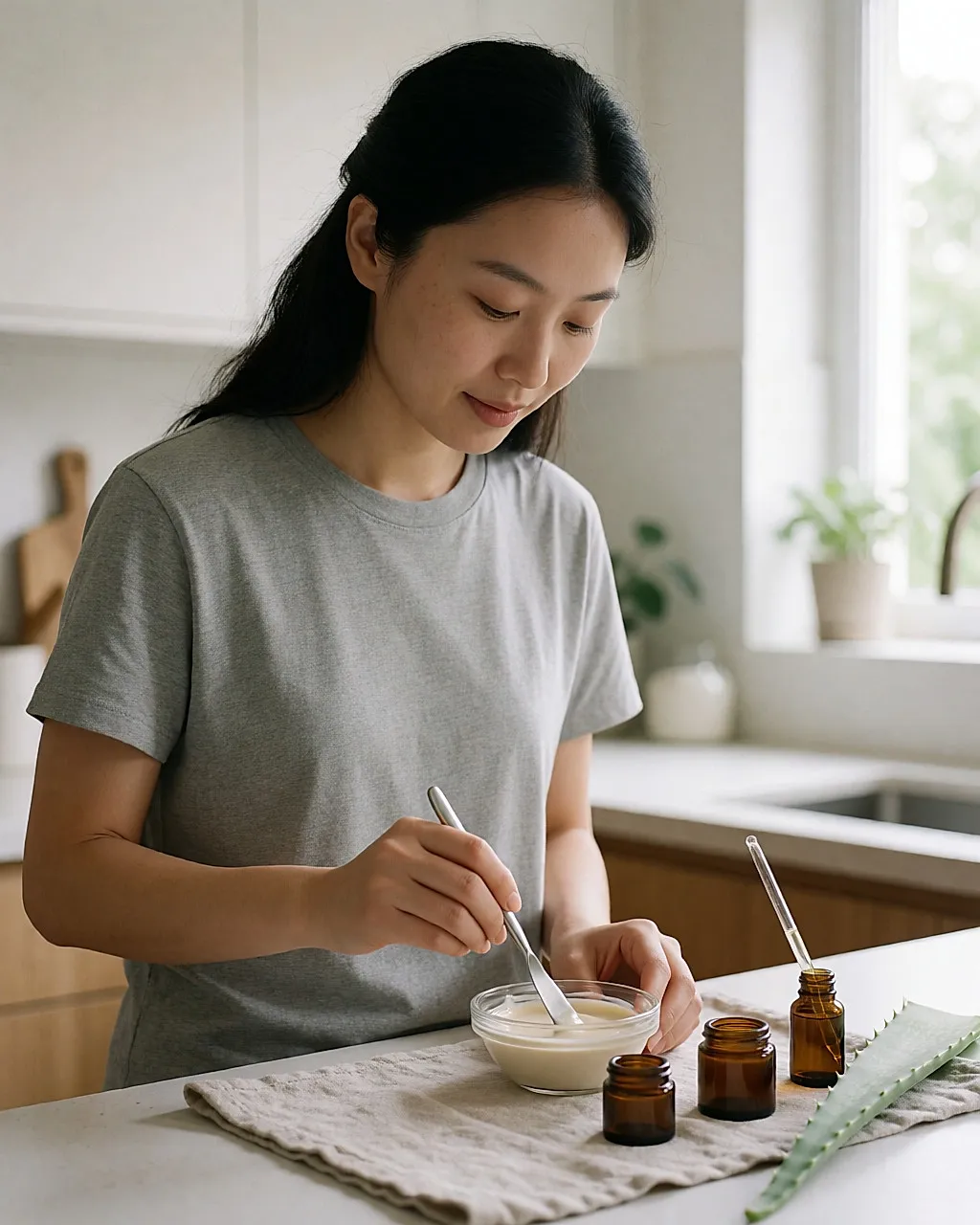 A young woman making a homemade cream in small glass jars on a pale worktop
