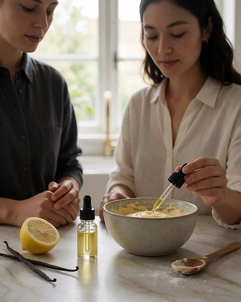 A drop of citrus essential oil falling into cake batter on a marble worktop