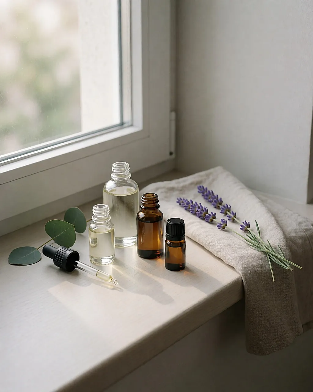 A collection of essential oil bottles for everyday wellbeing routines