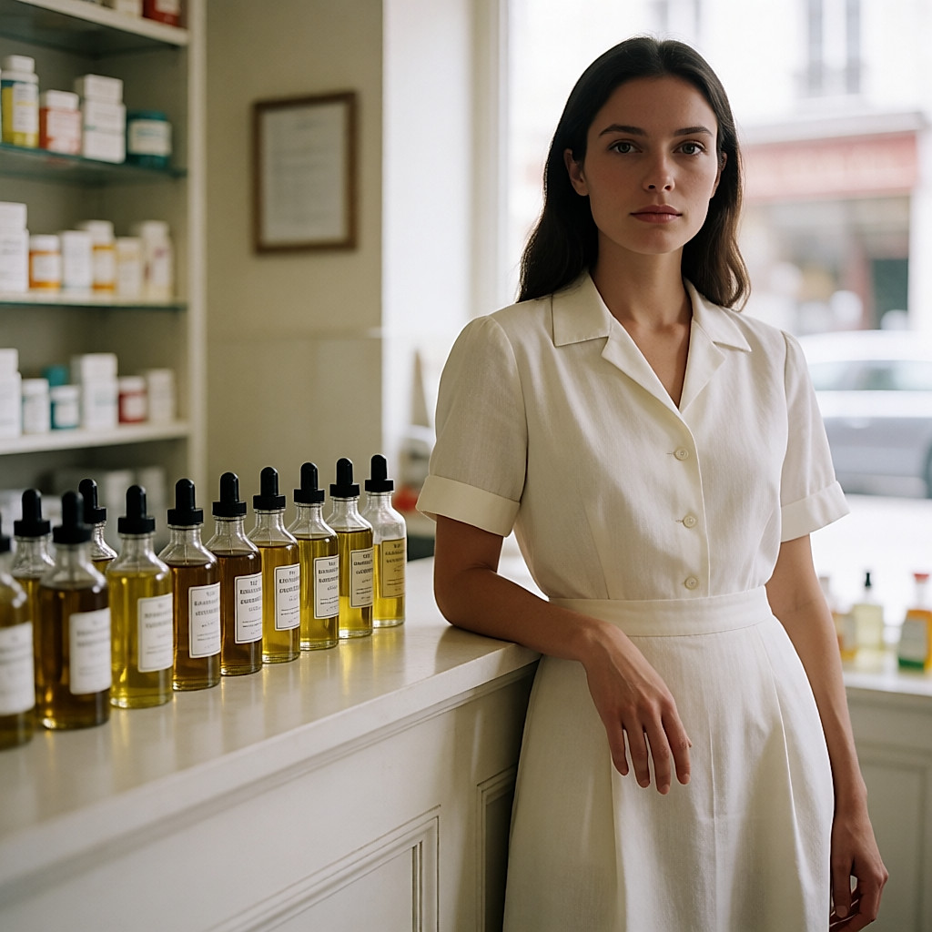 A tray of essential oil bottles on the pale counter of a pharmacy