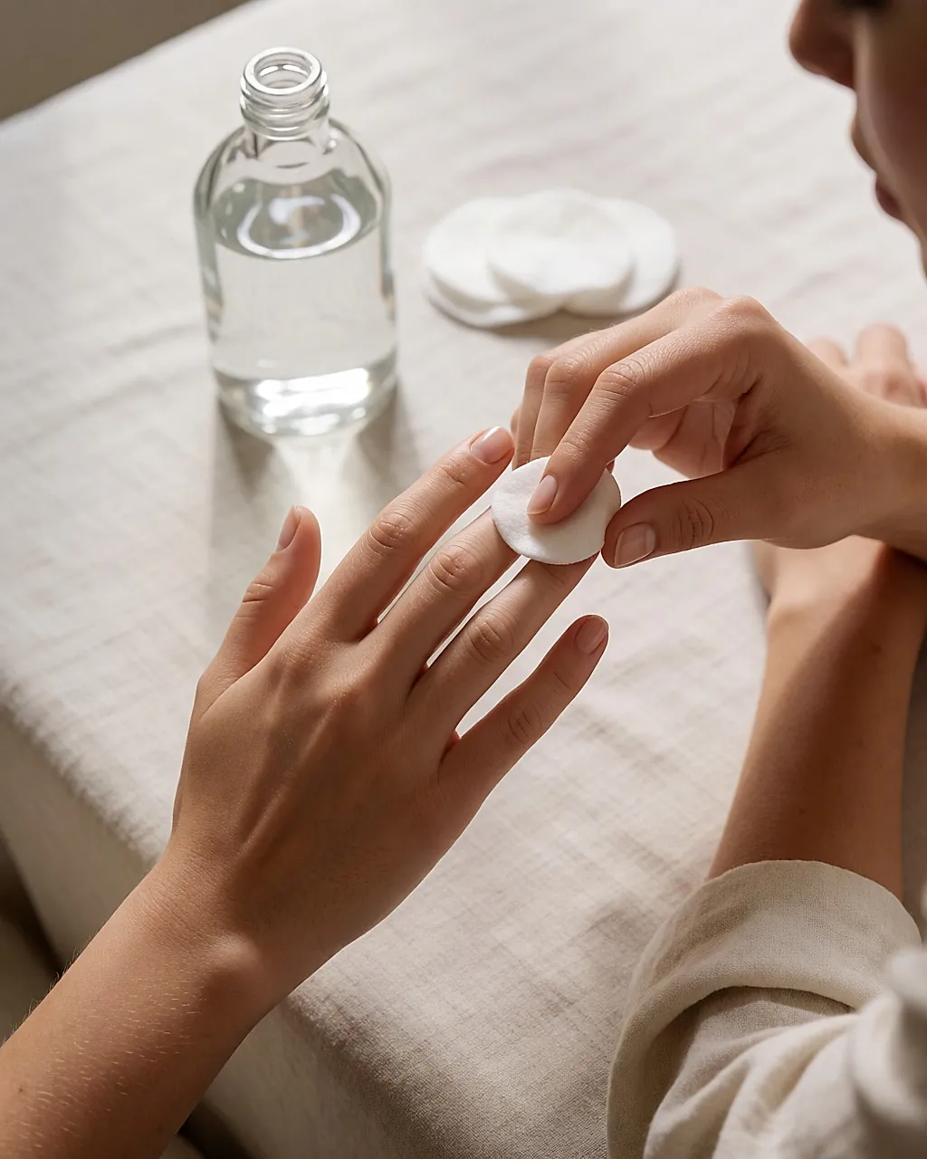Um algodão embebido em dissolvente pressionado sobre uma unha, gesto de manicure em casa