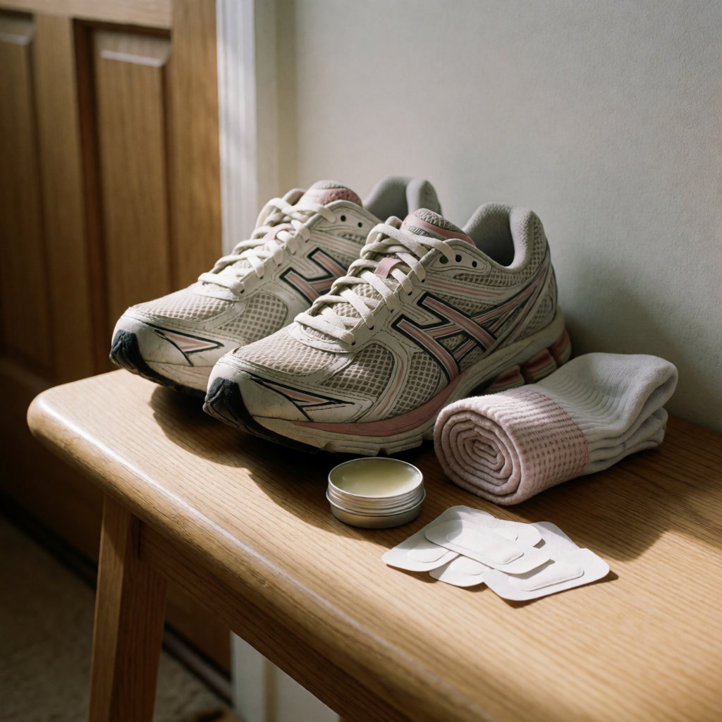 Chaussures de running usées, chaussettes techniques et pansements posés sur un banc en bois, lumière du matin