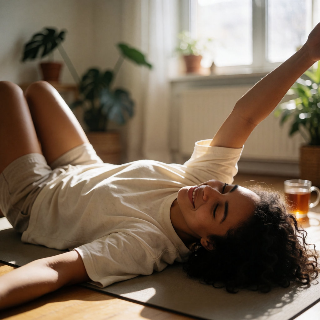 Jeune femme métissée allongée sur un tapis de yoga, s'étirant doucement dans un salon baigné de lumière