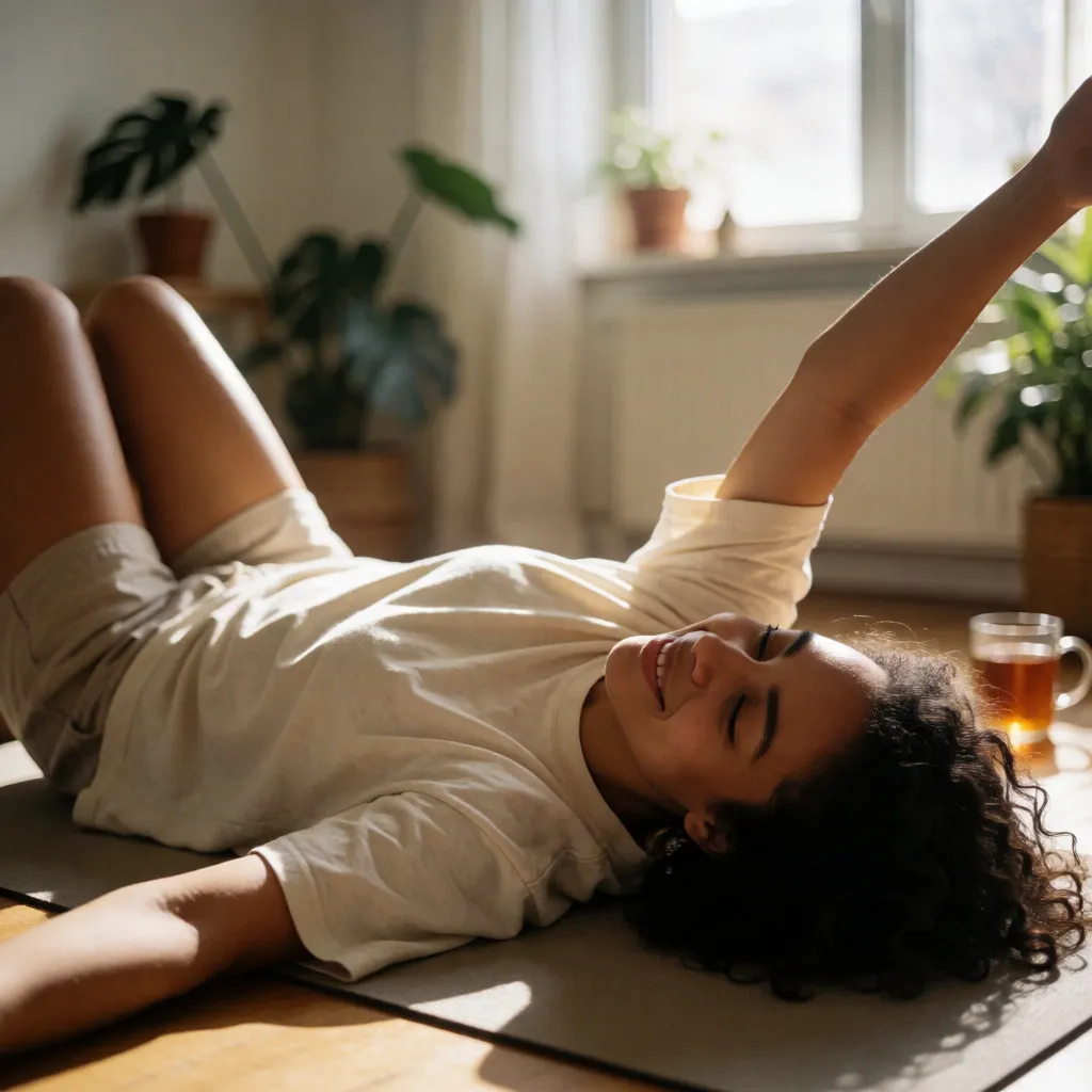 Junge Frau mit dunkler Hautfarbe liegt auf einer Yogamatte und dehnt sich sanft in einem hellen Wohnzimmer