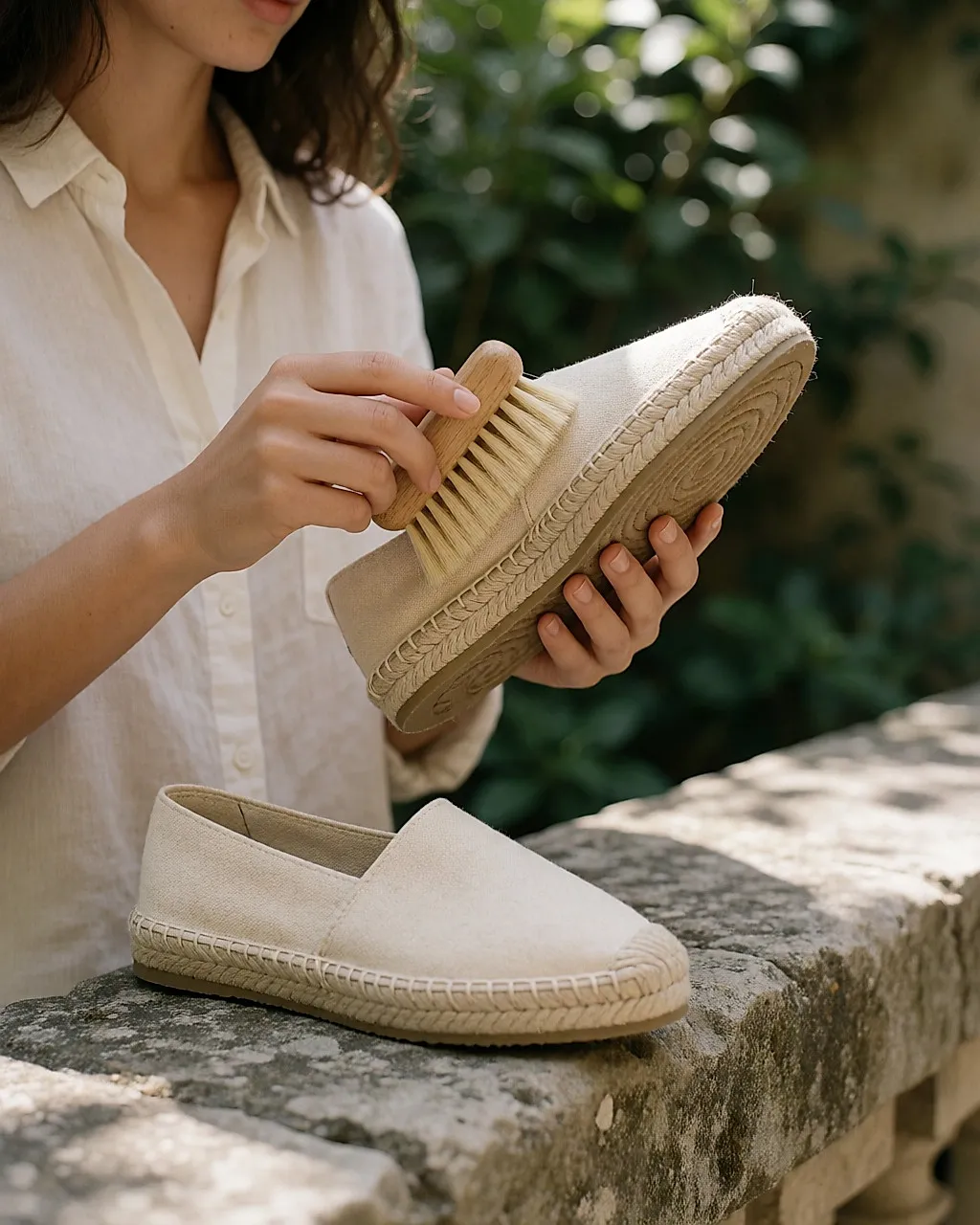 Trockenes Abbürsten der Juttesohle einer Espadrille im Schatten eines Innenhofs