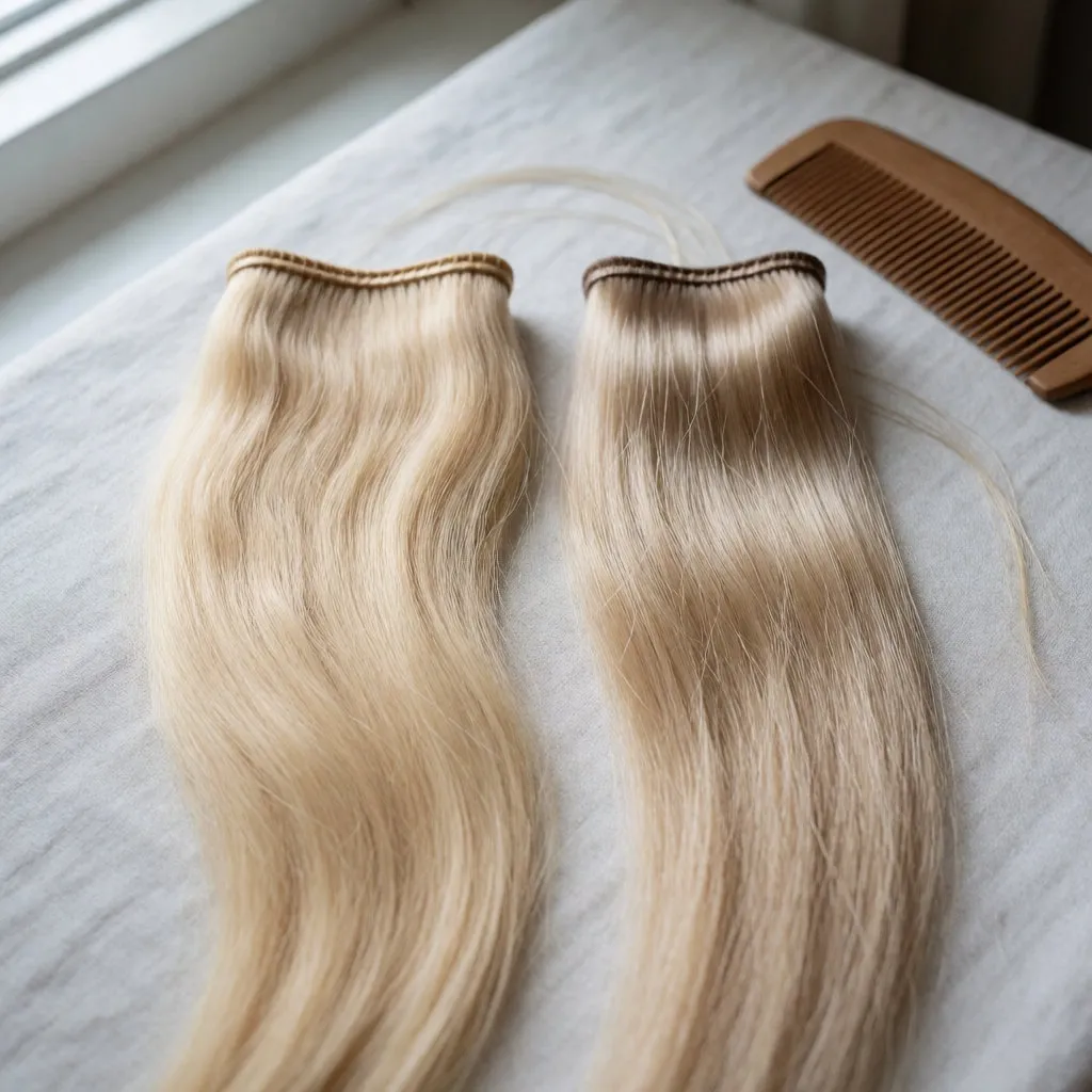 Two hair strands laid side by side on pale linen, one human hair, one synthetic fibre