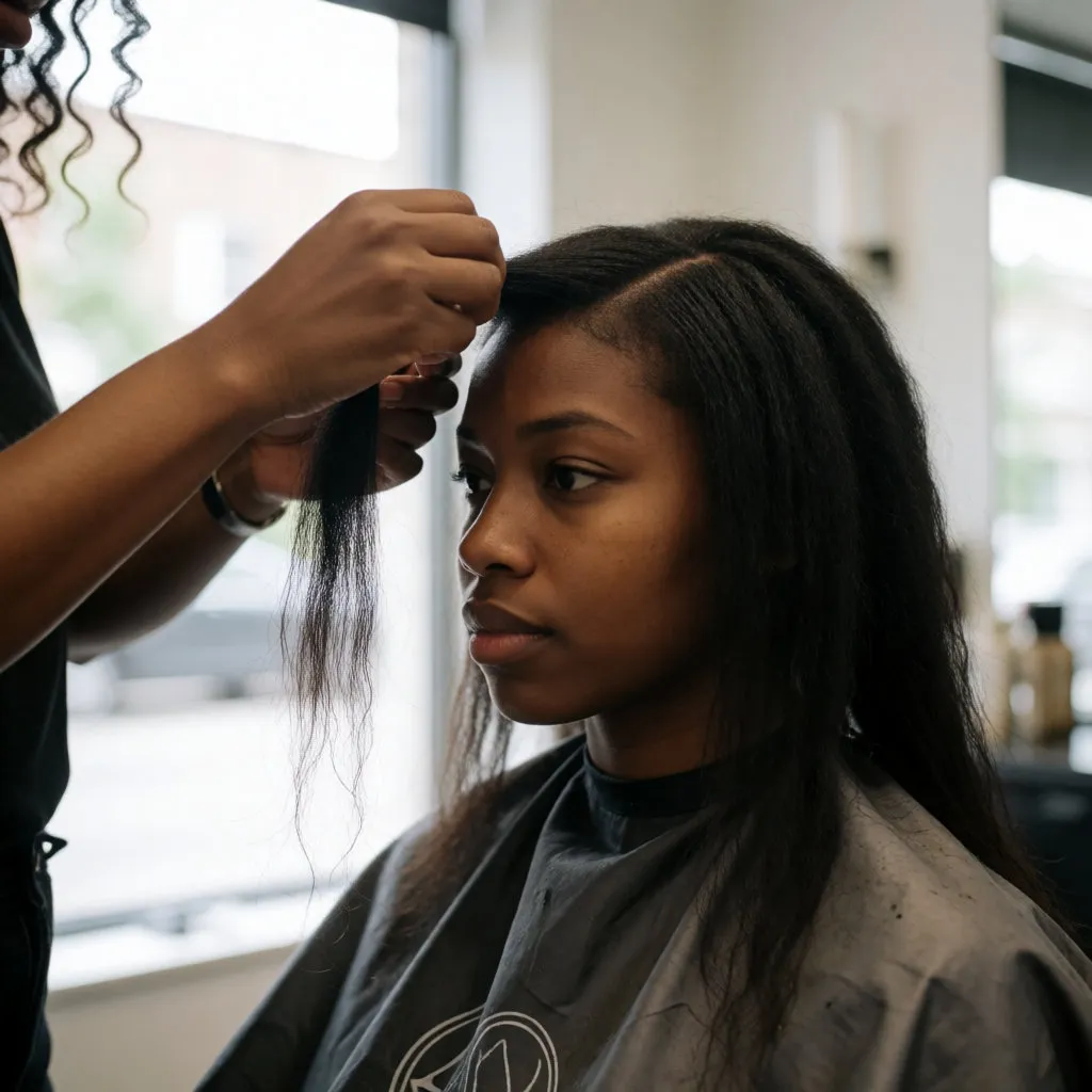 Stylist attaching a micro-ring at the root of a strand on a young Black woman's hair in a salon