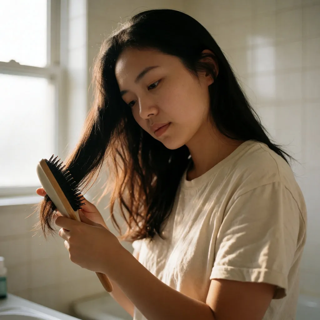 Young Asian woman brushing the ends of her long hair with a soft brush in her bathroom