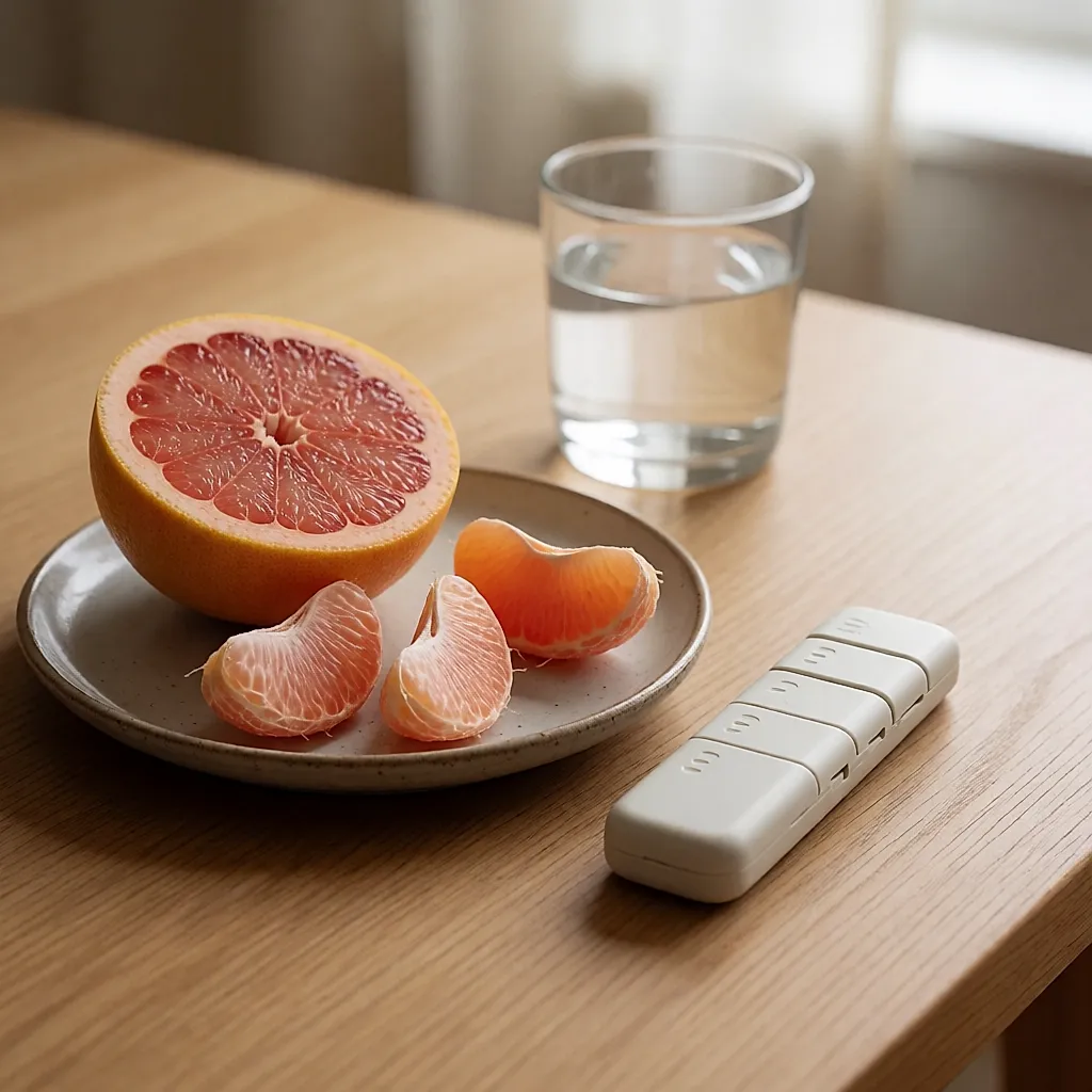 Half a pink grapefruit with segments beside a pill organiser on a table