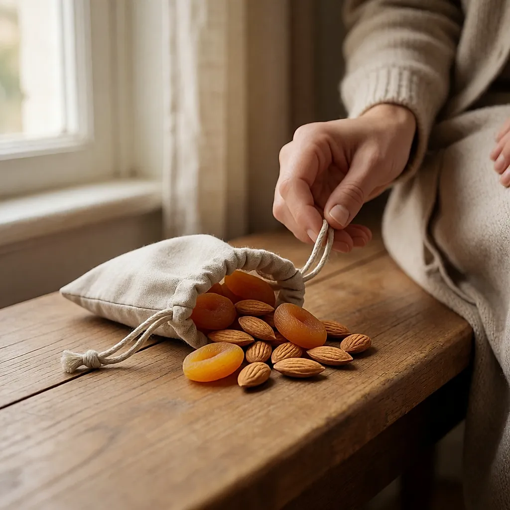A small open linen bag spilling dried apricots and almonds