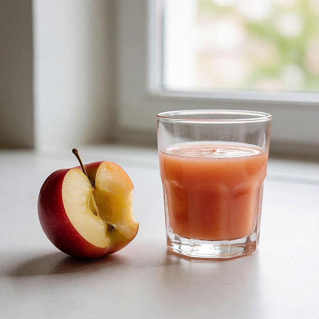 A whole apple with a bite taken out of it beside a glass of freshly squeezed juice