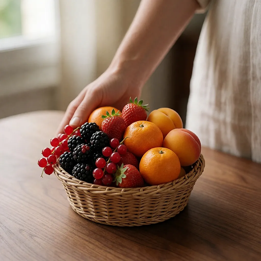 Colourful fruits grouped by shade, from the purple of berries to the orange of citrus
