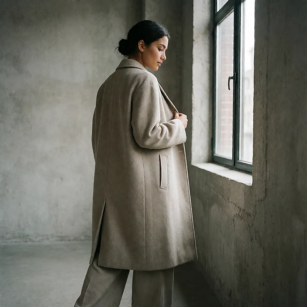 Une silhouette droite et fluide : manteau long en laine et pantalon large, portés dans un loft