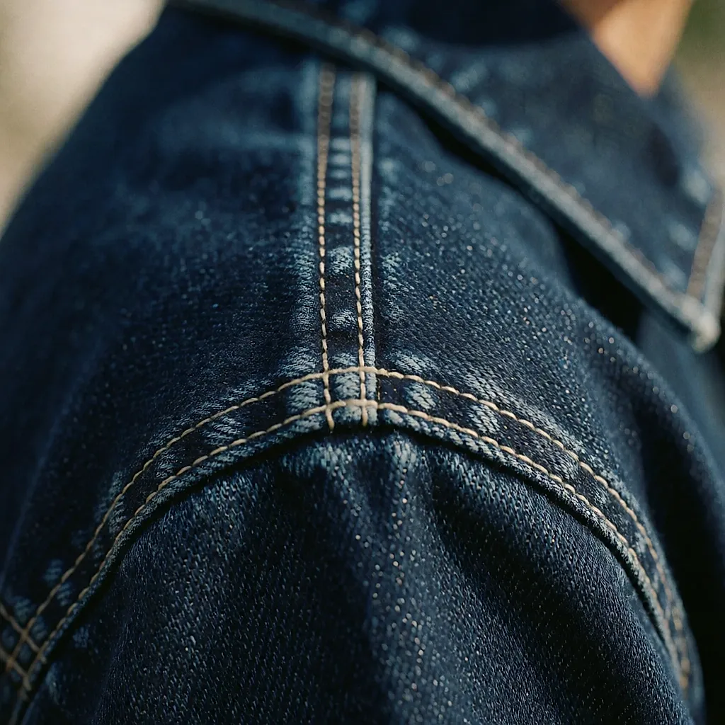 Gros plan sur la trame serrée d'un denim dense et sa couture contrastée