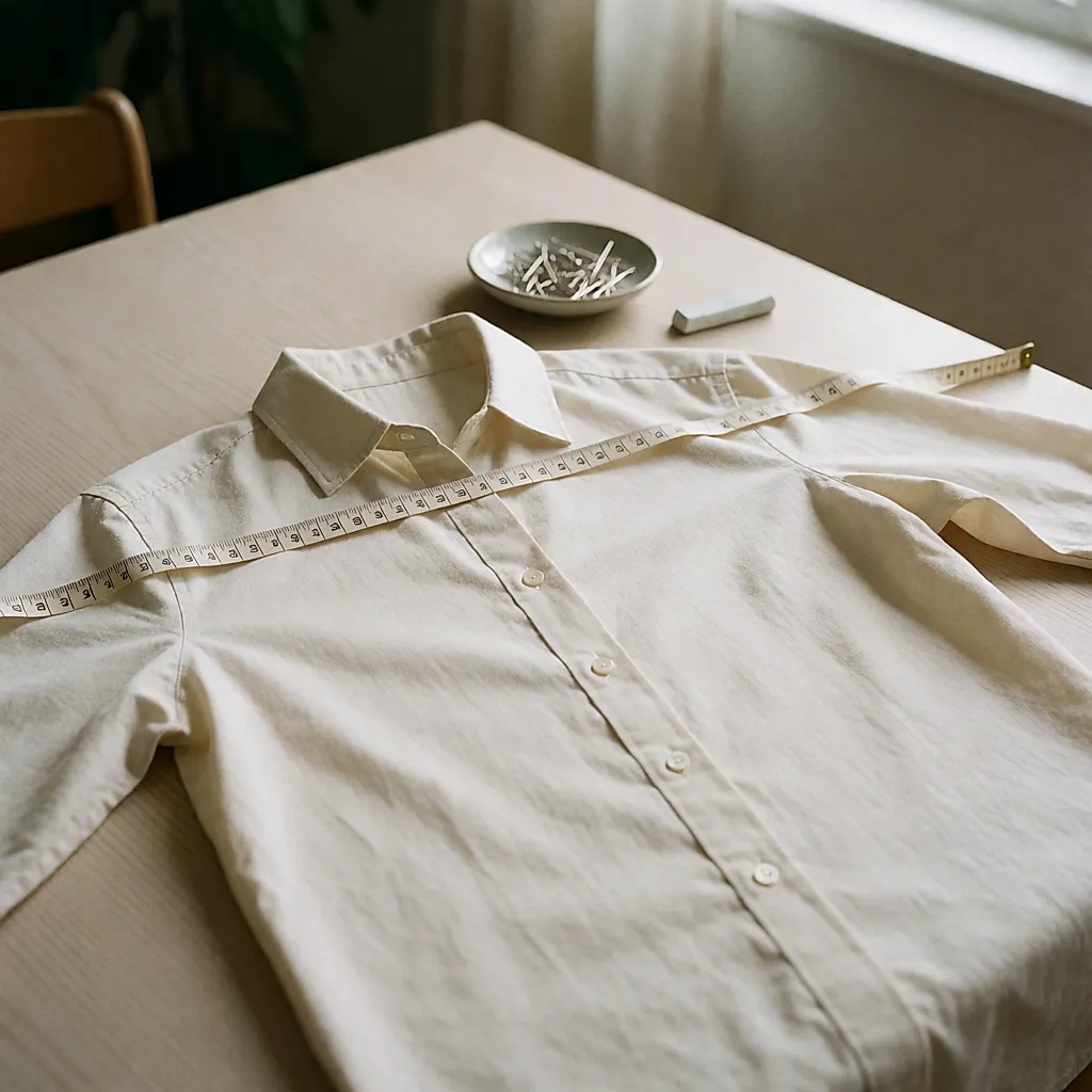 Une chemise posée à plat, mesurée épaule par épaule au mètre ruban