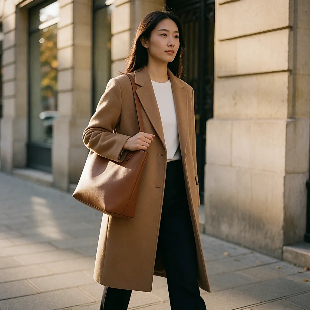 Une allure simple et juste : manteau droit, pantalon bien ourlé, marche en ville