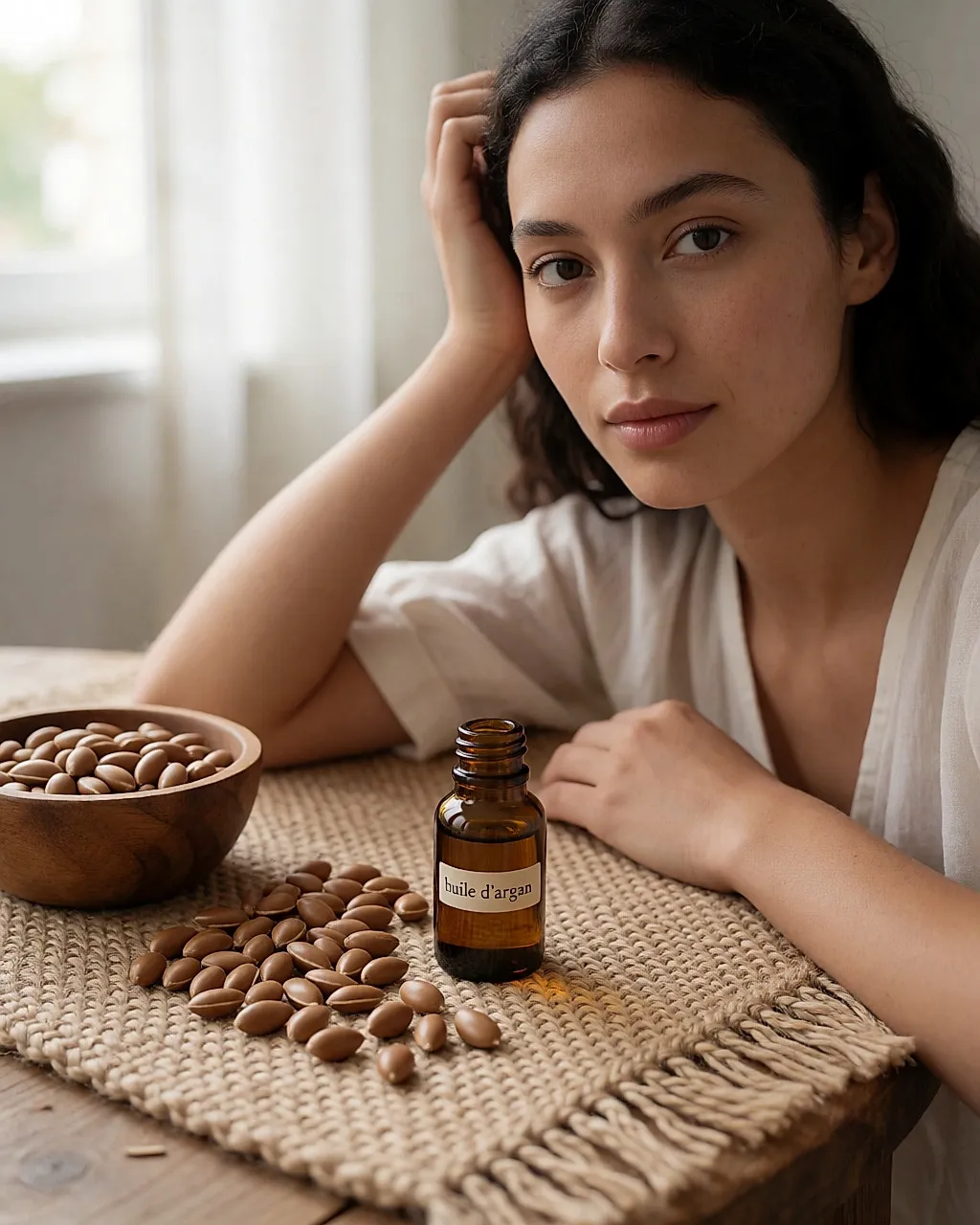 Flacon d'huile d'argan pure entouré de noix d'argan sur un textile naturel