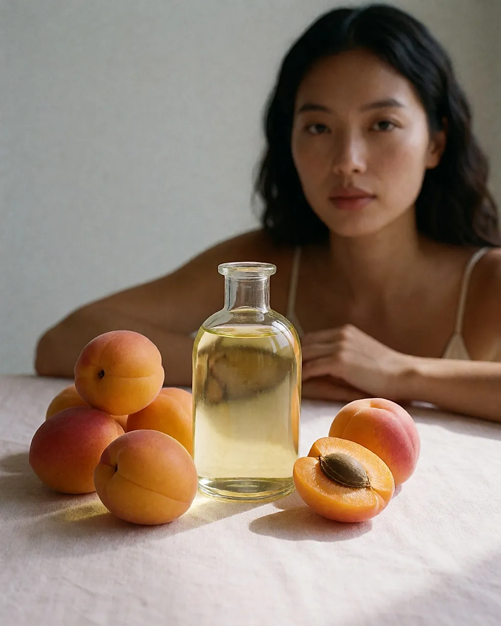 Flacon d'huile d'abricot et abricots frais sur un lin clair