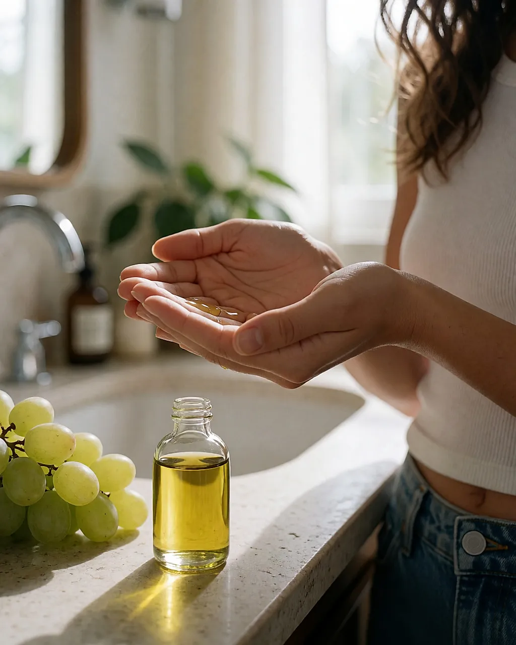 Mains chauffant quelques gouttes d'huile de pépins de raisin entre les paumes