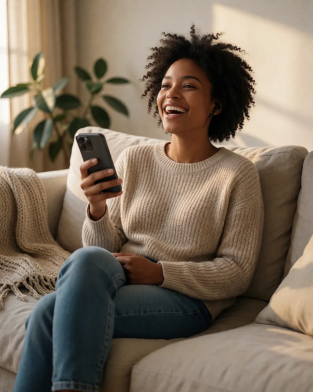 Jeune femme riant franchement sur un canapé, téléphone à la main