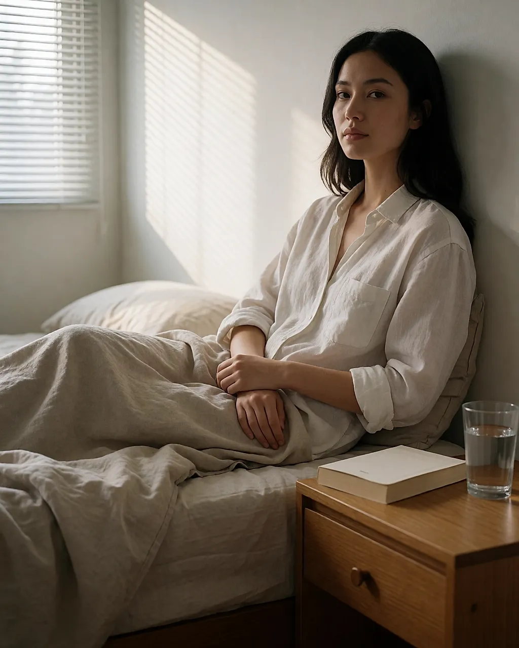 Lit en lin froissé et livre posé sur la table de nuit au petit matin