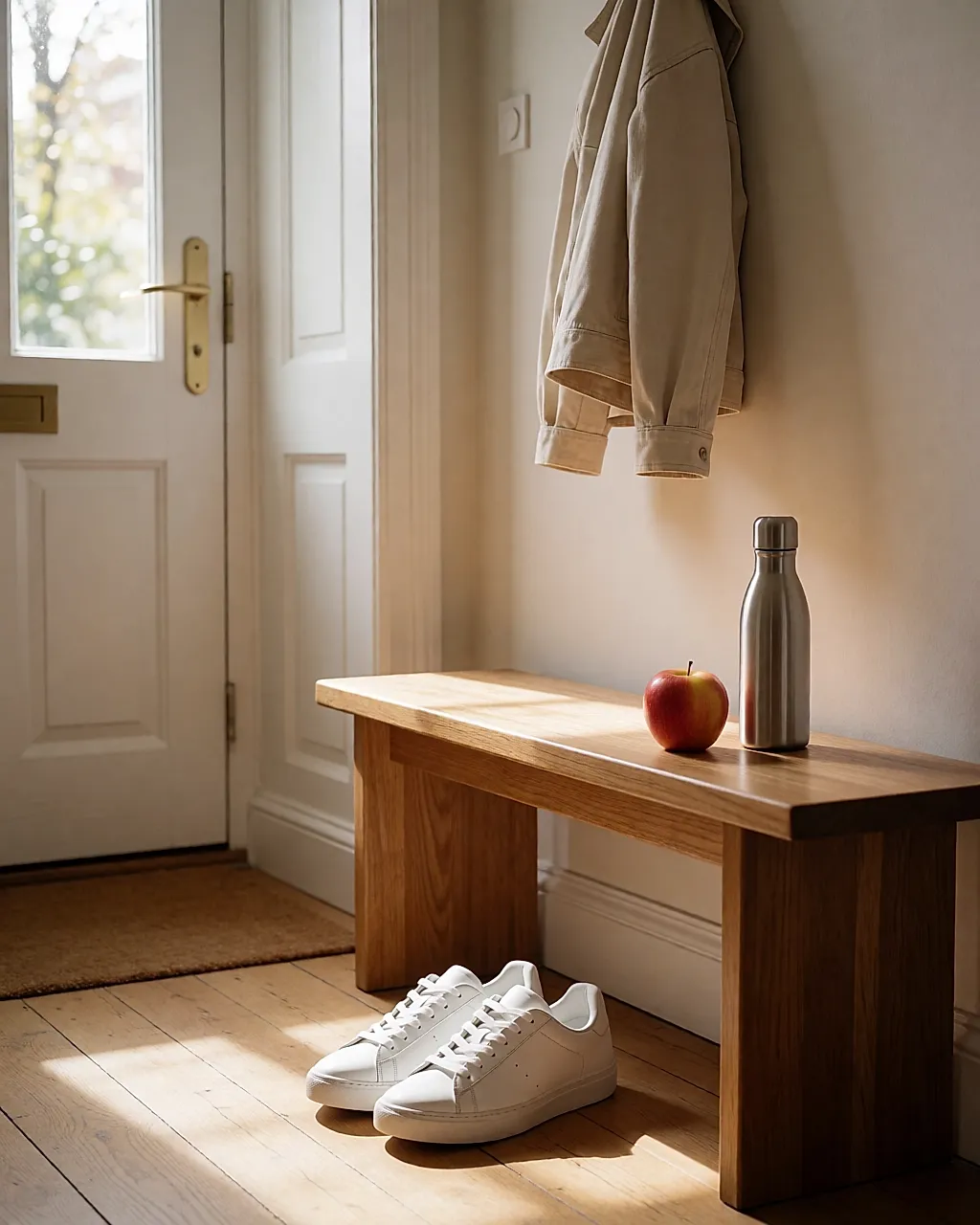 Banc d'entrée avec baskets, gourde et pomme, prêts pour la journée