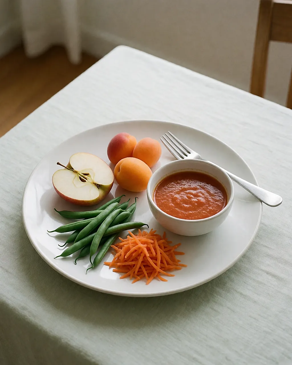 Assiette blanche réunissant cinq petites portions colorées de fruits et légumes