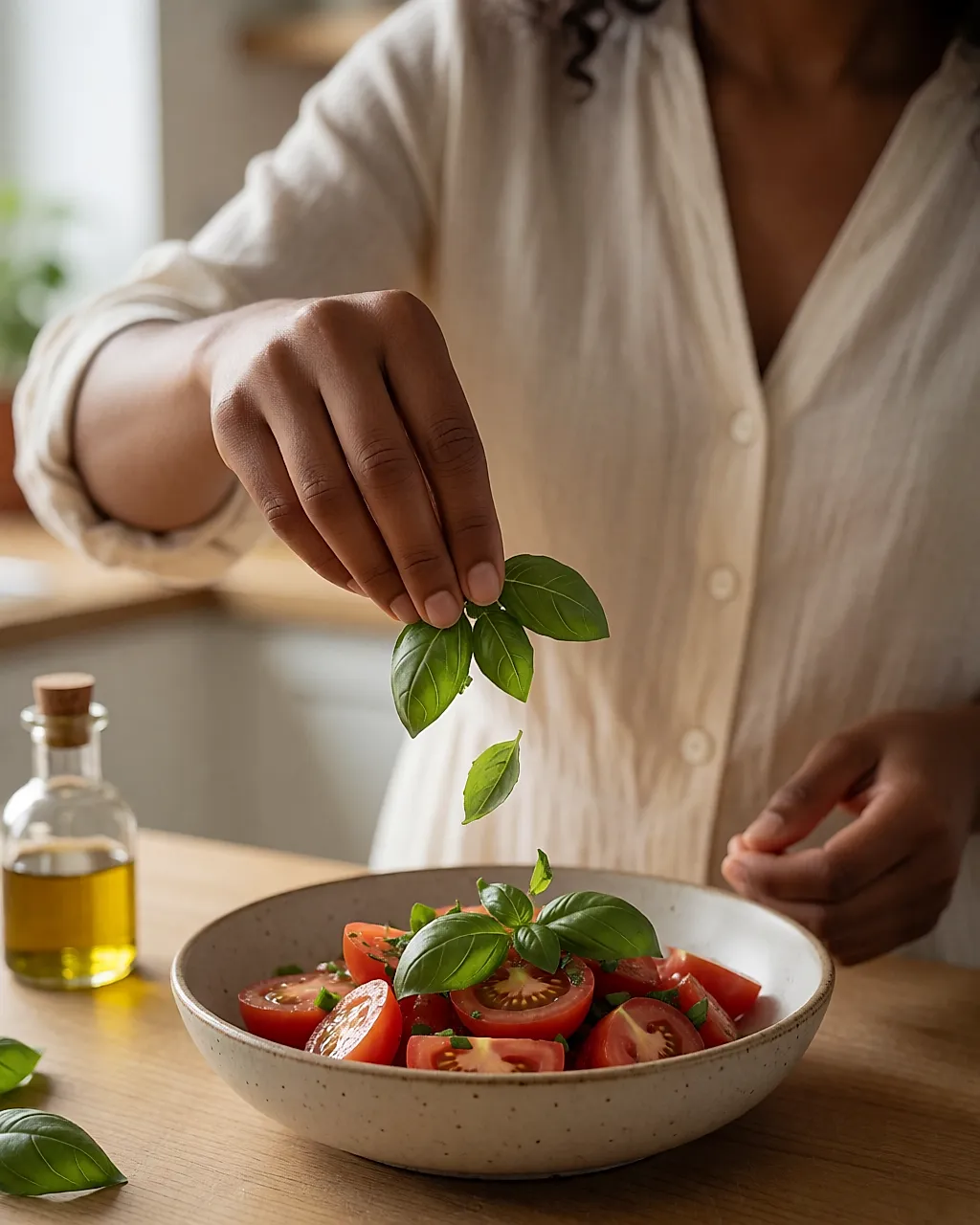 Main effeuillant du basilic frais au-dessus d'une salade de tomates