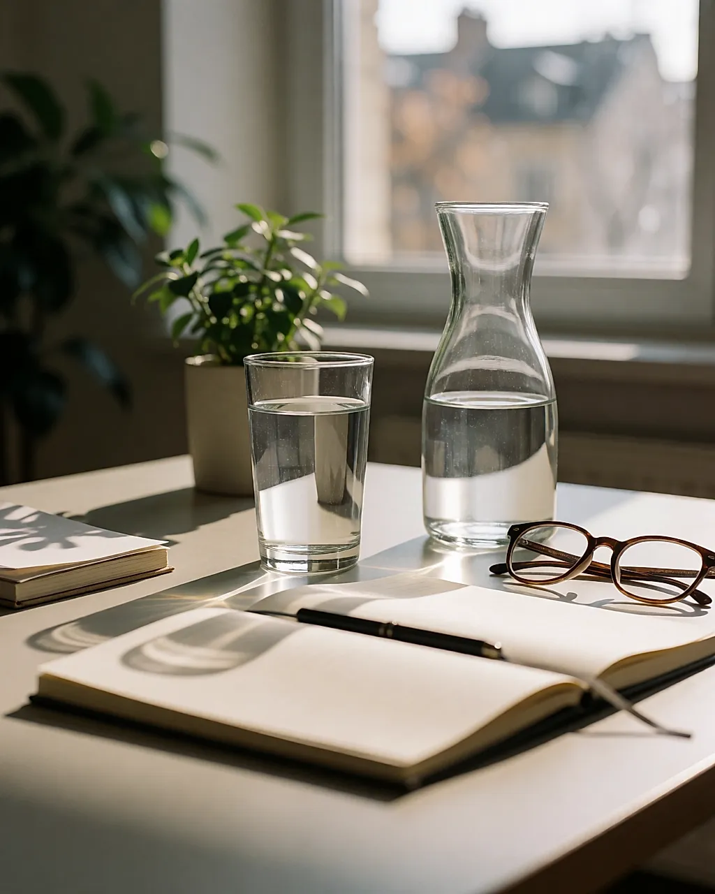 Verre d'eau et carafe posée sur un bureau baigné de lumière