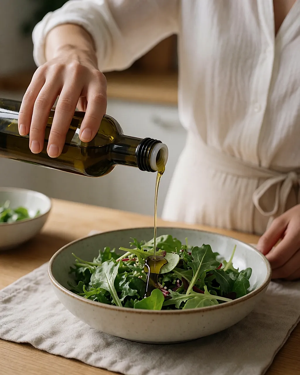 Filet d'huile d'olive versé d'une bouteille en verre sur une salade verte