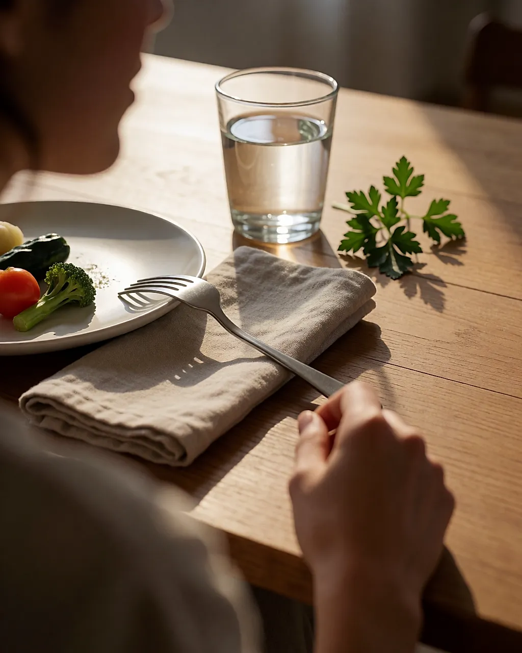 Fourchette posée au bord d'une assiette, serviette en lin et verre d'eau