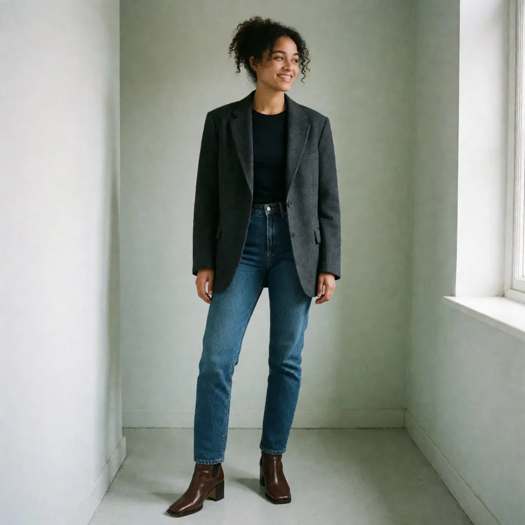 Junge Frau in einer Slim-Jeans aus Rohdenim, Oversize-Blazer und Stiefeletten mit Blockabsatz in einem hellen Flur