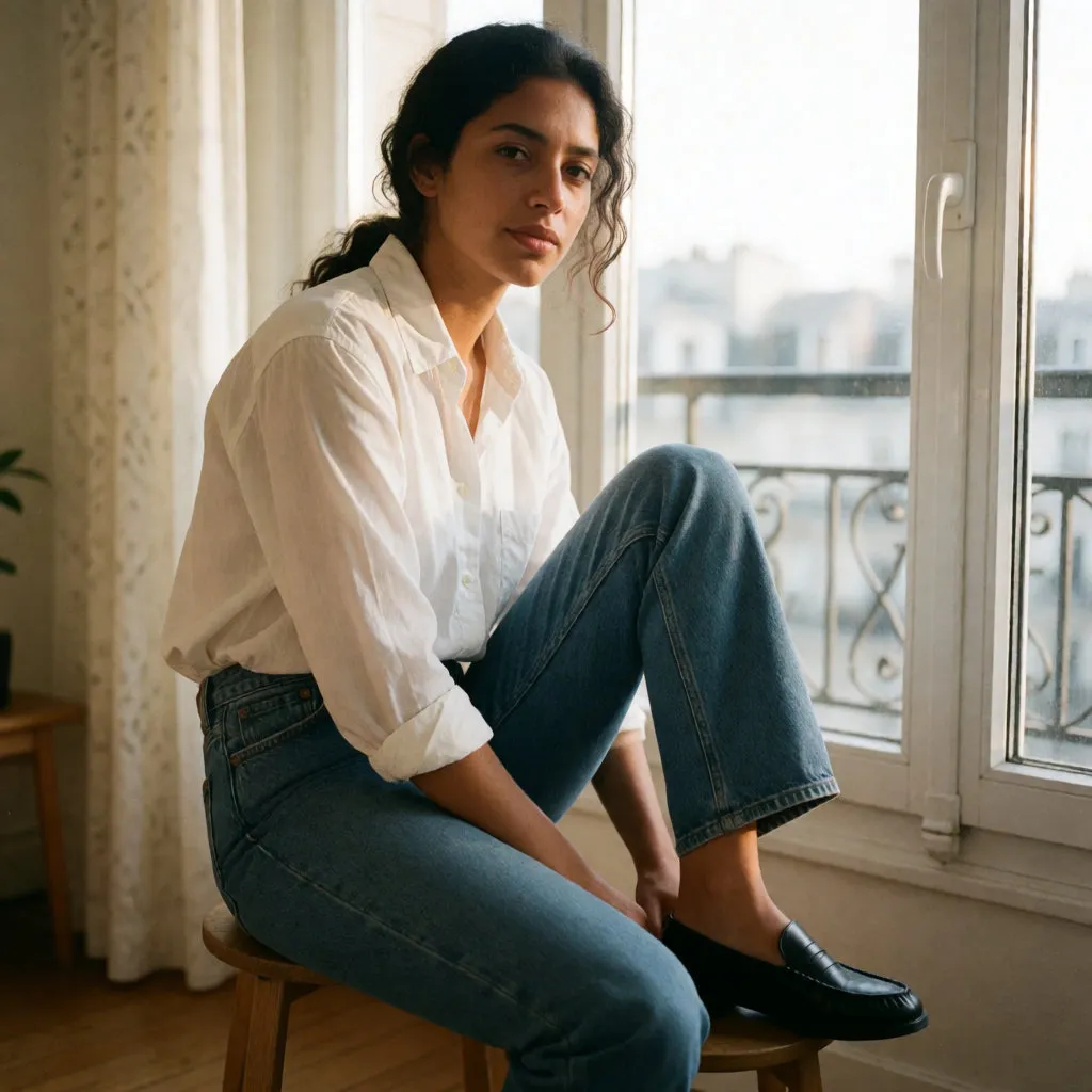 Sitzende junge Frau in Straight-Jeans in mittlerem Blau, weißem Hemd und schwarzen Loafern, weiches Licht
