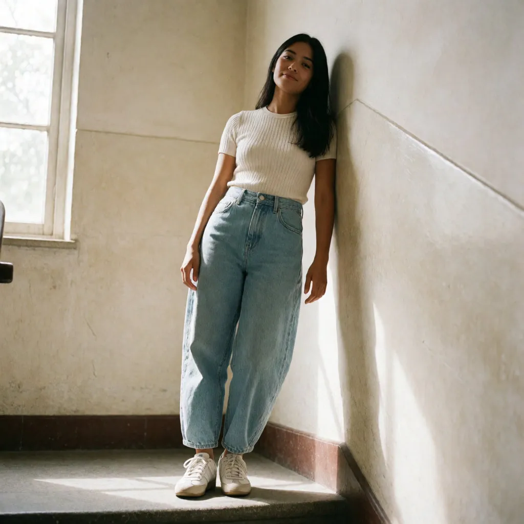 Junge Frau an eine Wand gelehnt, verwaschene Baggy-Jeans mit hoher Taille und eng anliegendem Ripptop