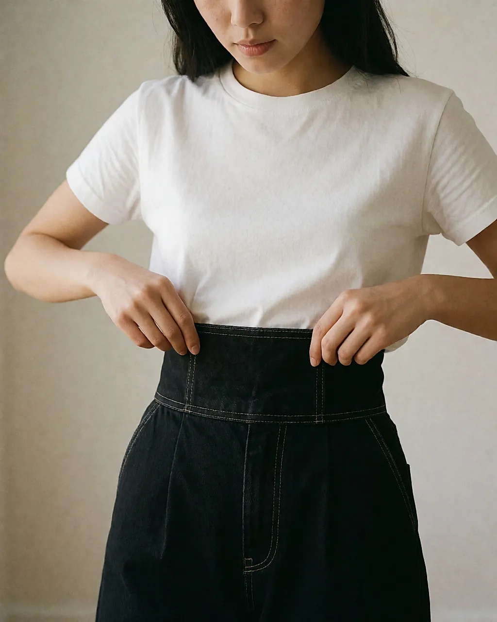 Detail des breiten High-Waist-Bunds einer schwarzen Jegging zu einem weißen T-Shirt