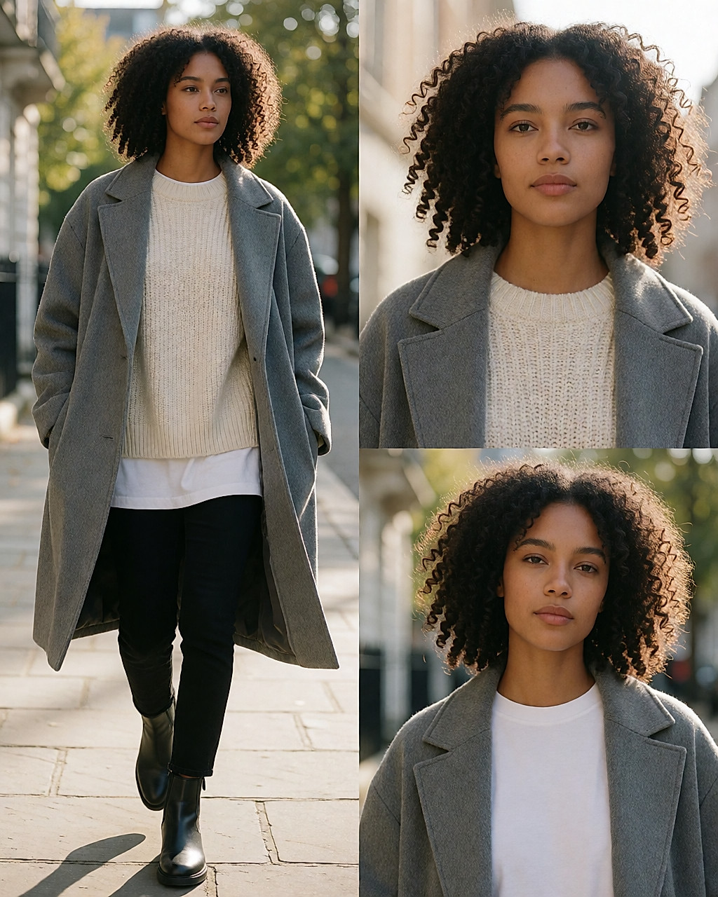 Silhouette de rue en jegging noir et manteau oversize gris porté en layering