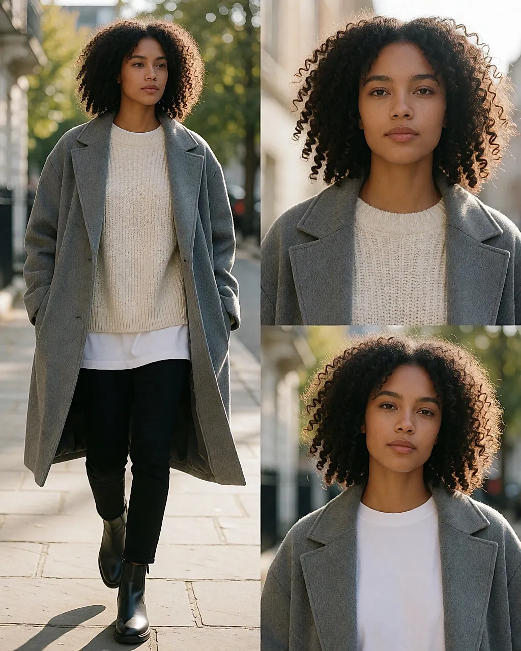 Streetstyle-Silhouette mit schwarzer Jegging und grauem Oversize-Mantel im Layering