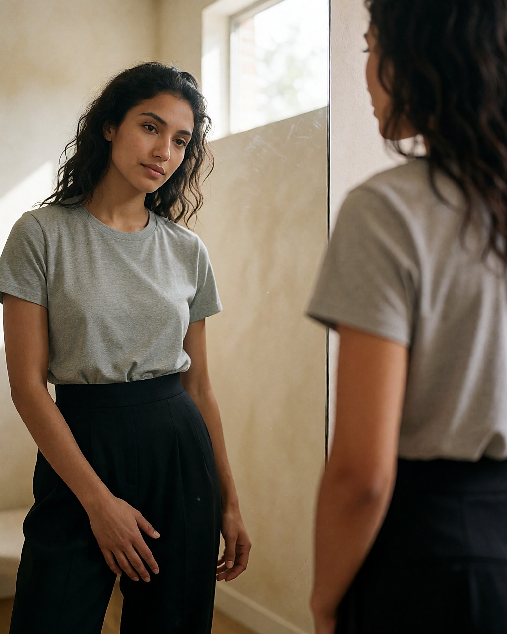En cabine d'essayage, jeune femme lissant le tissu d'un jegging noir taille haute
