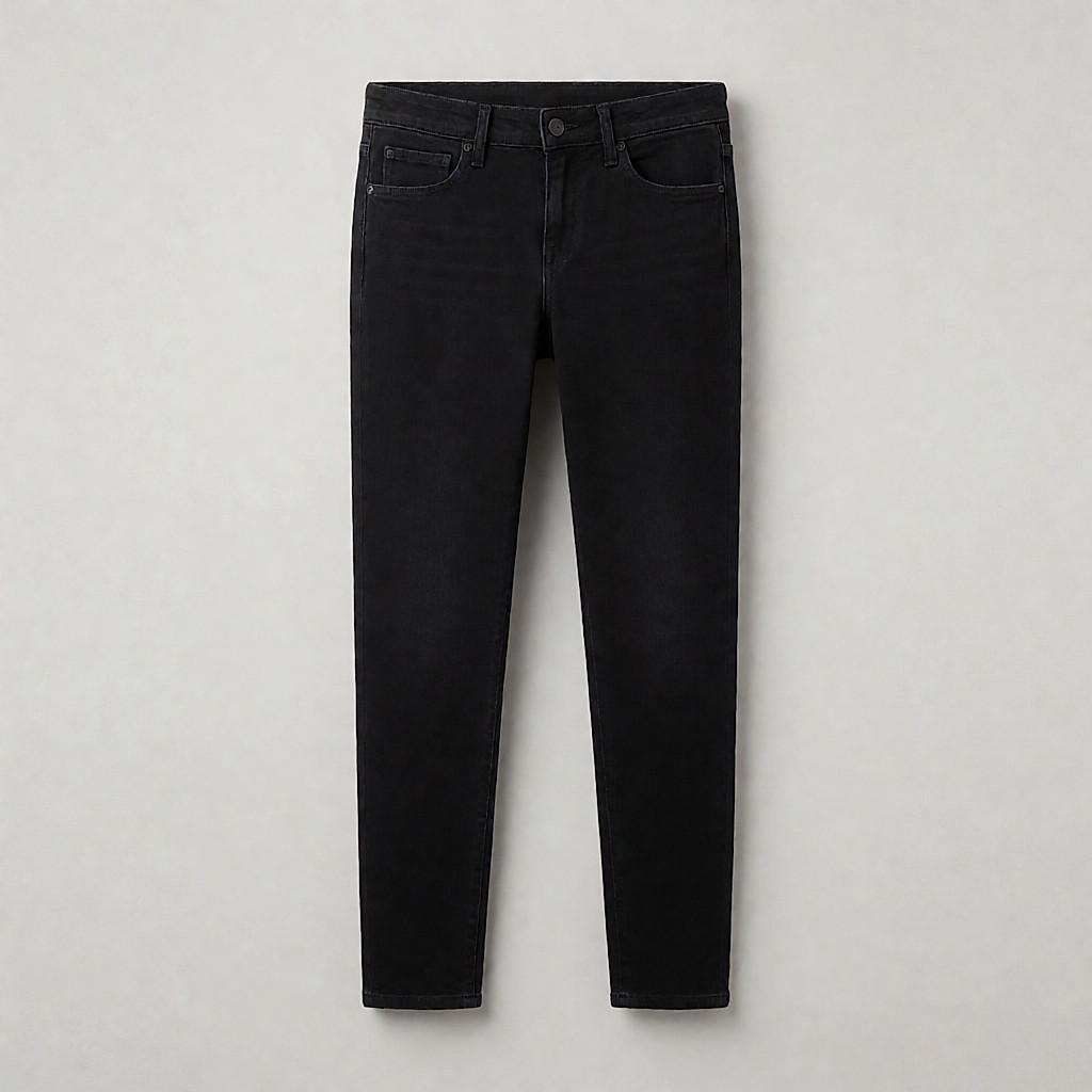 Produktfoto einer schwarzen Skinny-Jeans mit Mid-Rise-Bund aus elastischem Denim