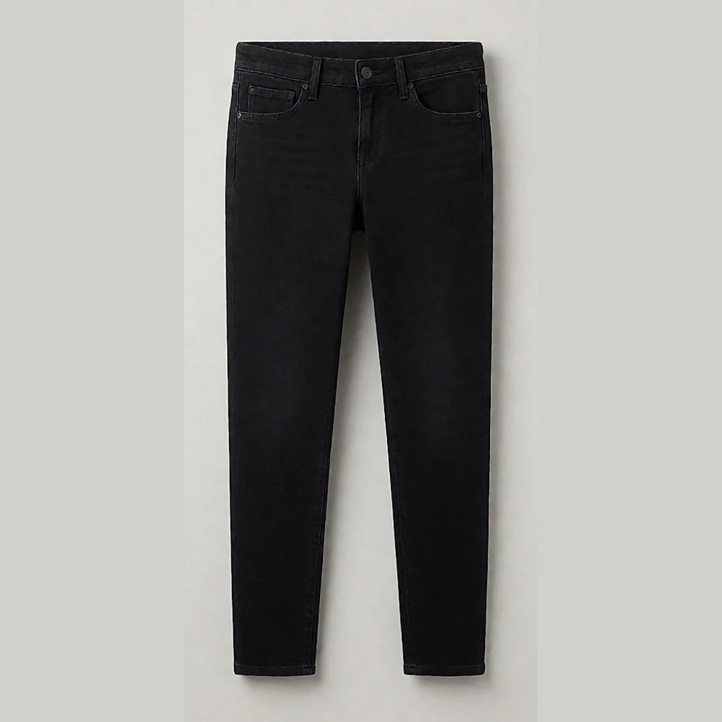 Foto de produto inspirada em calças skinny de cintura média, denim elástico preto