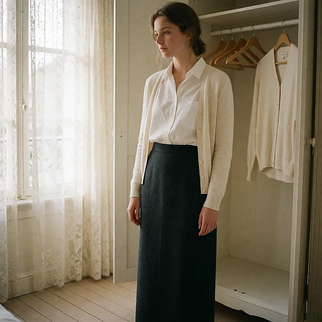 Femme en jupe longue droite et chemise blanche rentrée devant sa penderie, lumière du matin