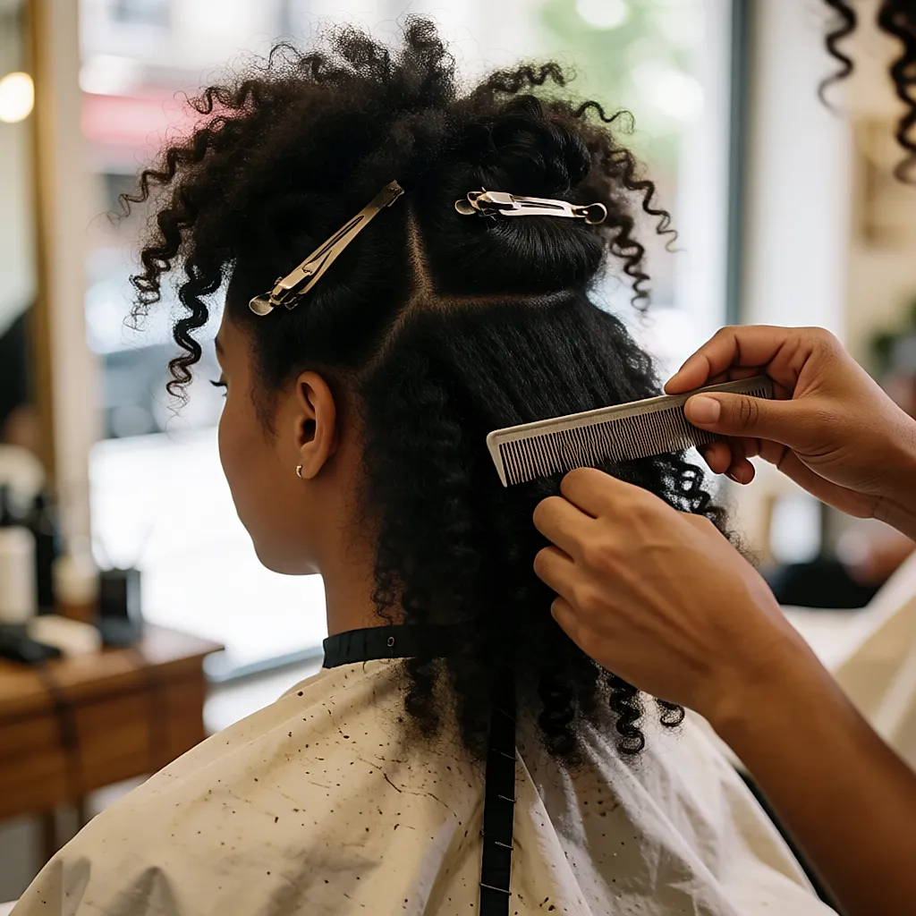 Une coiffeuse isole une large section de cheveux au peigne à queue en salon