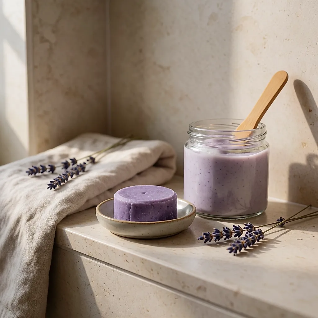 Un shampooing violet solide et un masque en pot de verre sur une étagère